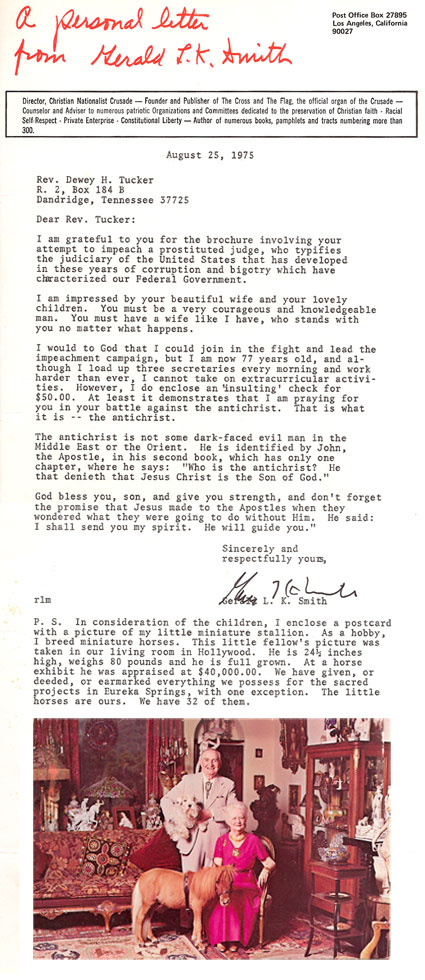 Gerald L.K. Smith Letter - Aug. 25, 1975 to Dewey H. Tucker