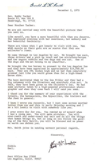 Gerald L.K. Smith Letter - Dec. 2, 1975 to Dewey H. Tucker