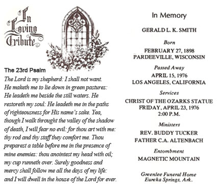 Memorial Card from Gerald L.K. Smith Funeral Service